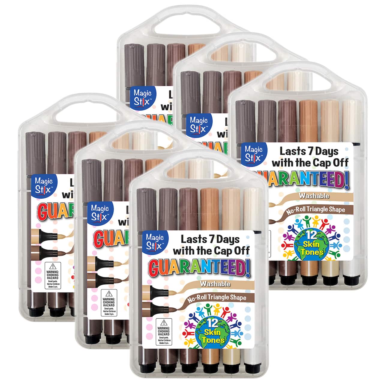 The Pencil Grip Magic Stix Triangular Global Skin Tone Washable Markers, 6 Packs of 12